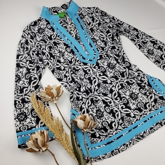 Island Republic Blk Wht Blue Boho Tunic Top Med - Picture 9 of 15